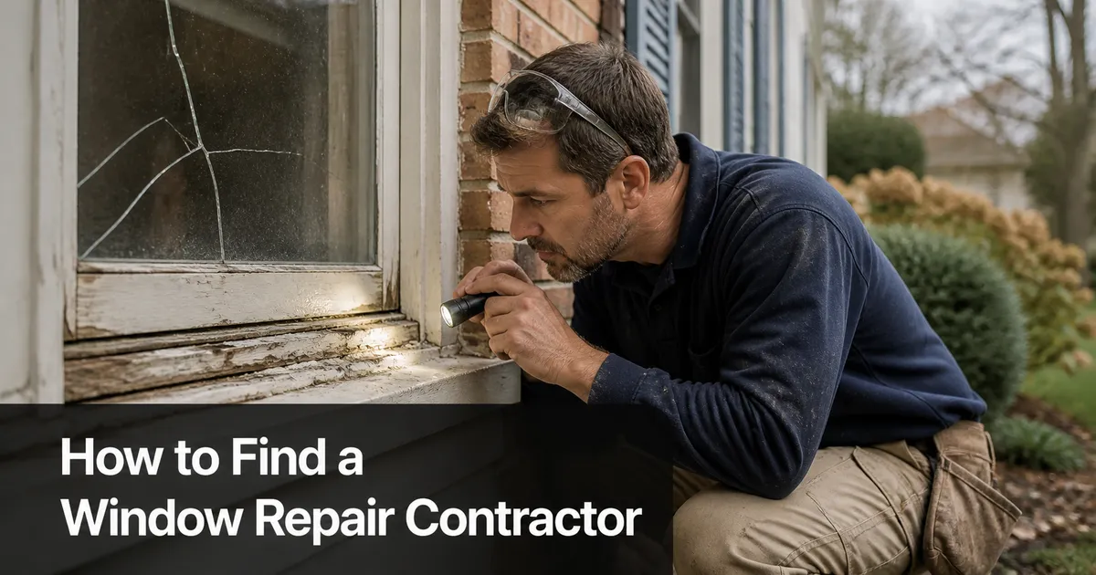 A window repair contractor inspecting a cracked window pane with a flashlight